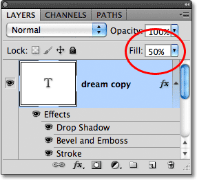 Lowering the Fill value of the text to 50%, with layer styles applied to the text.