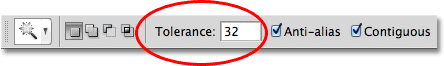 The Magic Wand Tolerance option in the Options Bar. 
