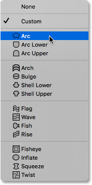 Choosing Arc from the Warp Styles menu.