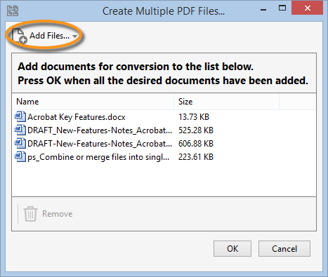 Create Multiple PDF Files dialog box Create Multiple PDF Files dialog box