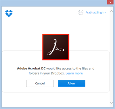 Confirmation to add your Dropbox account with Acrobat or Reader