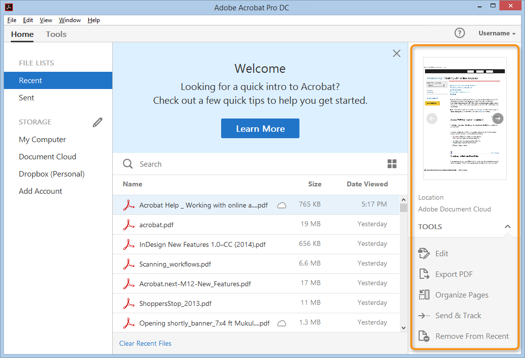 Recent files view in Acrobat