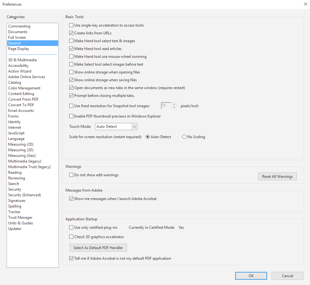 Acrobat preferences dialog box