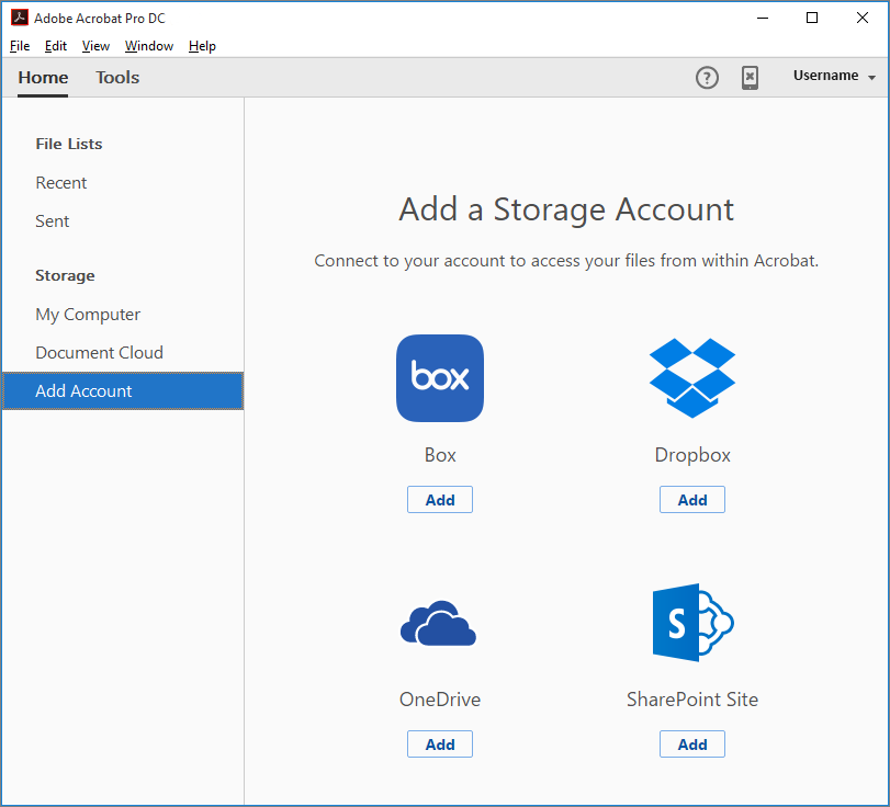 Add online storage accounts from the Home view
