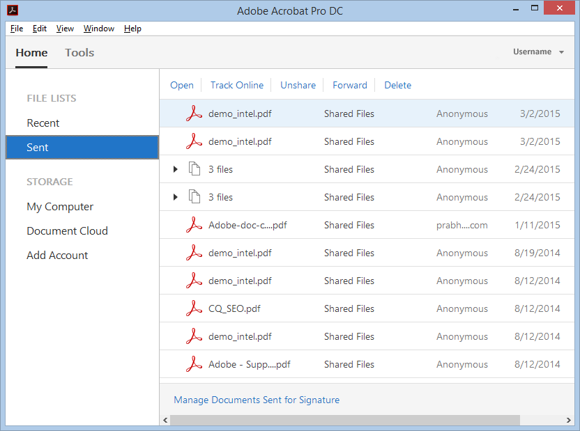 Sent files view in Acrobat