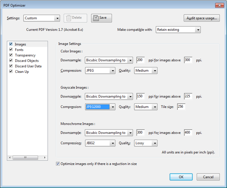 PDF Optimizer options in Acrobat