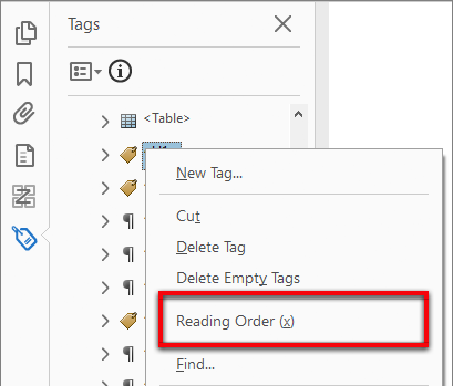 Access the Reading Order tool from the tag tree Access the Reading Order tool from the tag tree