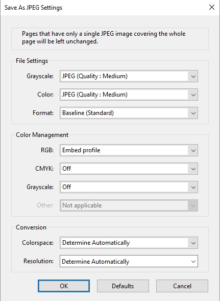 Save as JPEG settings Save as JPEG settings