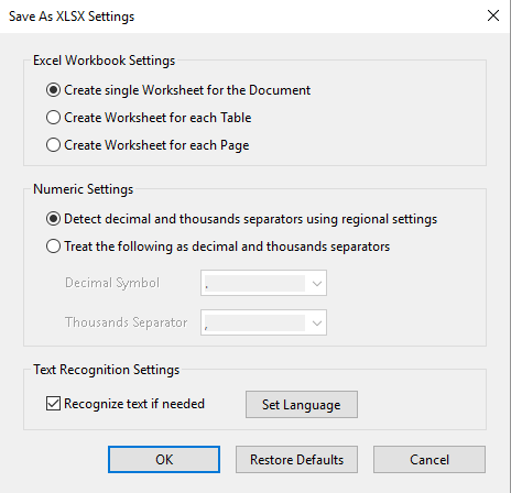 Save as XLSX settings Save as XLSX settings