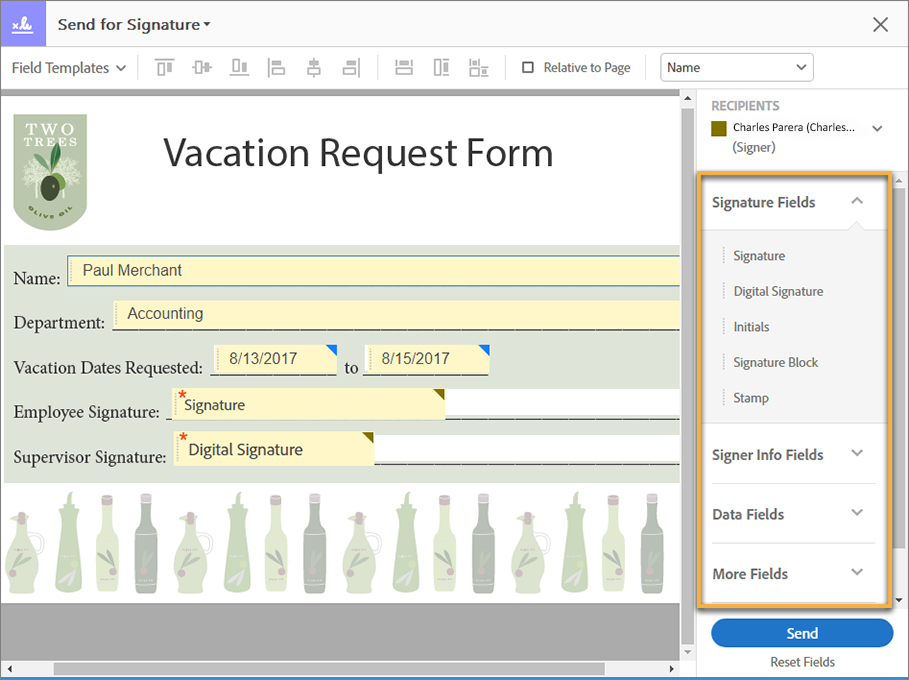 Add signature fields in the document