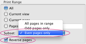 Select Even Pages Only from Subset menu, Print Range