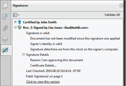 Signatures panel Signatures panel in Acrobat