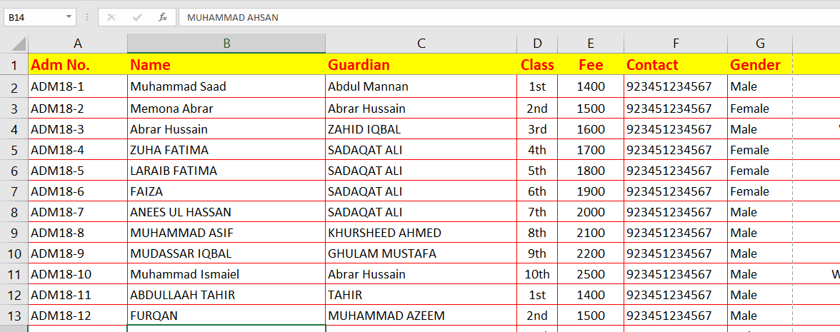 Student Database sheet