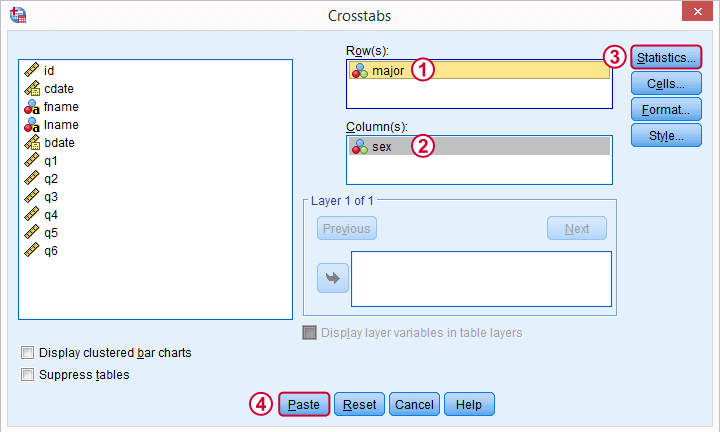 SPSS Chi Square Independence Test 1 Dialog