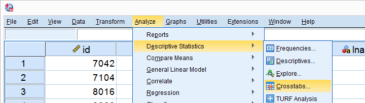 SPSS Chi Square Independence Test 1 Menu