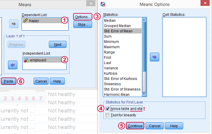 SPSS Eta Squared One Way ANOVA Means Dialog