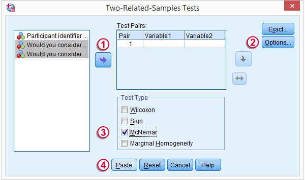 SPSS McNemar Test Dialog SPSS McNemar Test Dialog