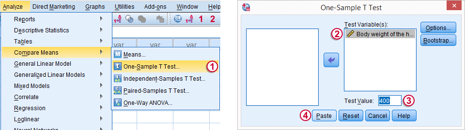 SPSS One-Sample T-Test Dialog SPSS One-Sample T-Test Dialog