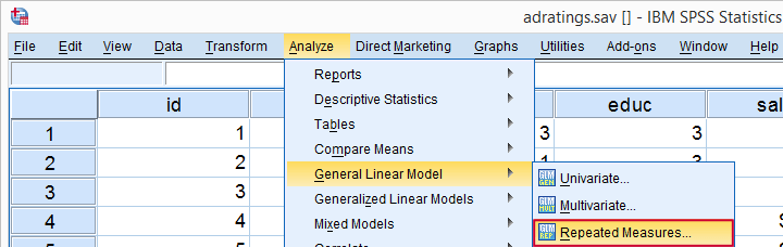 SPSS Repeated Measures ANOVA Main Menu