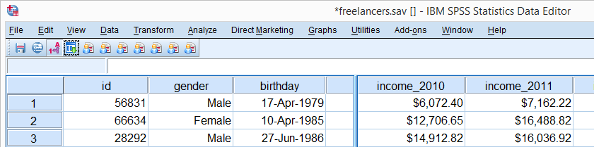 SPSS CORRELATIONS Data View Test Data