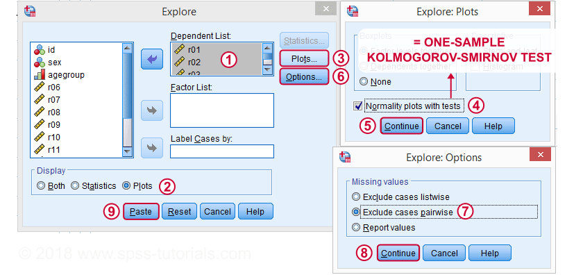 SPSS Kolmogorov Smirnov Test Explore Dialog