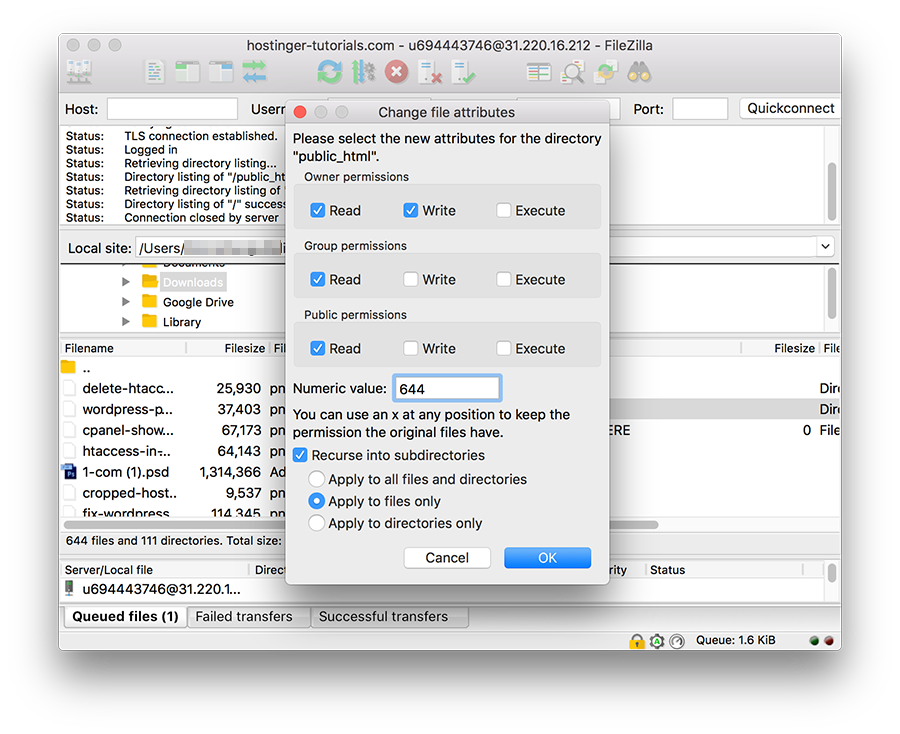 FileZilla Change File Permissions Only